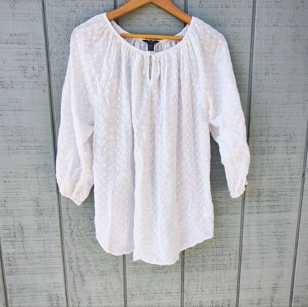 RL Chaps Eyelet Peasant Blouse sz 1X White 100% Cotton Chic Romantic Cottagecore